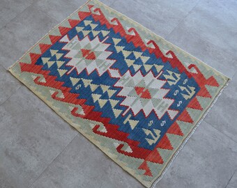 3x4 RUG Hand Woven Turkish Kilim Rug. Anatolia Wool Flat Weave Colorfull Area Rug Oushak rug Shabby Chic Area Rug 33" x 45"