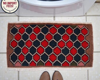 Handgeknoopt klein Oushak-tapijt en decoratieve deurmat honingraatmotief - 1,4 x 2,8 ft