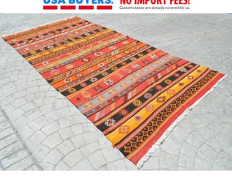Vintage Turkish Rug Kilim Embroidery Handwoven Tribal Pattern Large Area Decor 5x11 ft approx