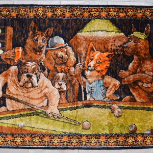 Dogs Playing Pool Billiards Themed Wall Rug Vintage Tapestry RARE Wall Decor Made in Italy 47″ x 67″