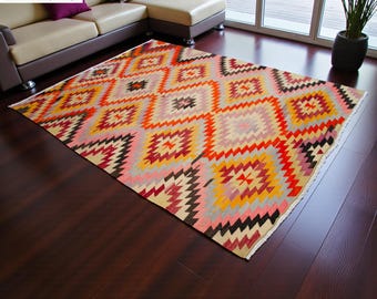 6x8 ft Vintage Turkish Rug Handmade Kilim Colorful Rug Living Room Decor PINK