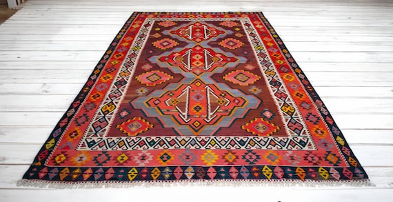Large Vintage Turkish Kilim Rug - Colorful, Hand-made, Natrual