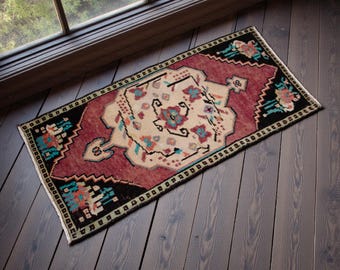 Tappeto turco vintage 2x4, annodato a mano in lana, piccolo tappeto per ingresso, zerbino, decorazione per la cucina, colori della terra