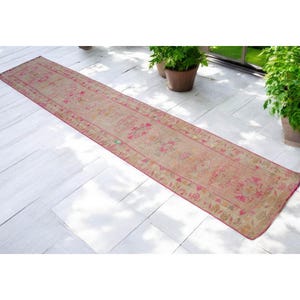 2x11 Ft Long Runner Hand Knotted Runner Rug - Vintage Turkish Rug OUSHAK Rug Tribal Runner Kitchen Island Rug PINK actual: 25″ x 132″