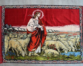 ラグ・カーペット unknown vintage Jesus Christ tapestry Vintage 1970s Velvet Jesus Tapestry: Religious Wall Decor