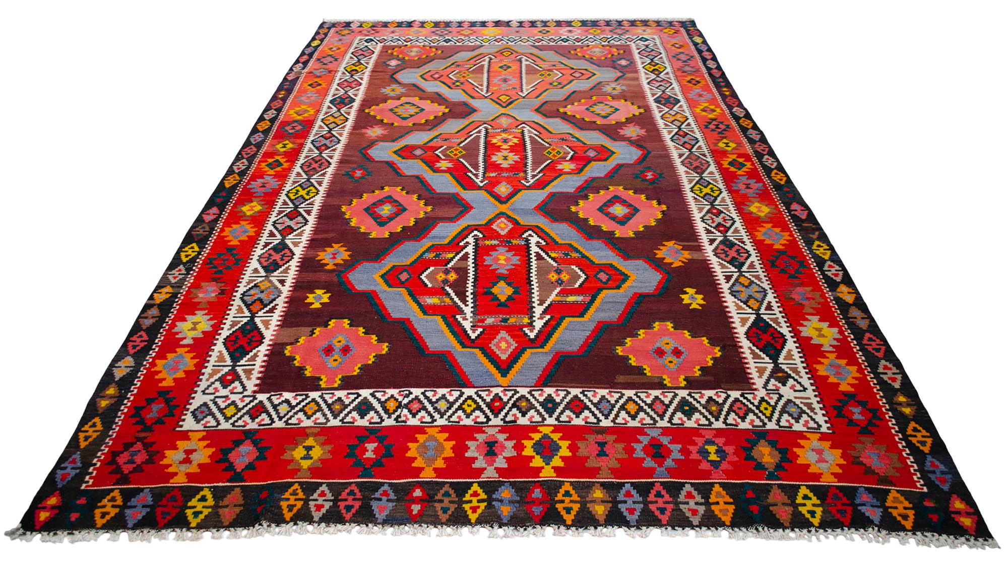 Large Vintage Turkish Kilim Rug - Colorful, Hand-made