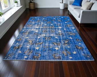 Hand Knotted Vintage Horoscope Rug - Zodiac Signs Area Rug Astrology Symbols 7x10 ft Approx