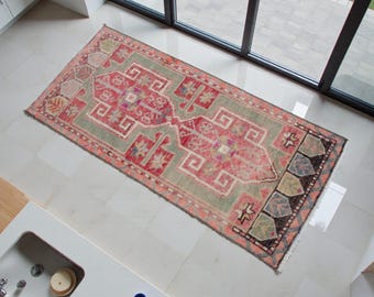 2x4 Vintage Turkish Rug Hand-Knotted Wool Small Runner Green Rug DoorMat Kitchen Decor
