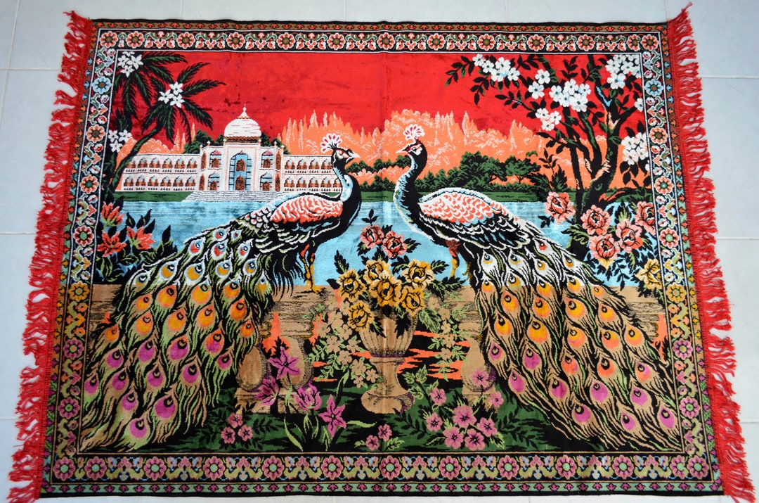 Peacock Pattern Vintage Wall Rug Rayon Tapestry 48 X 63 Vintage Wall