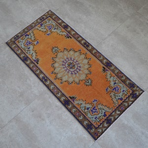2x3 Rug, Front of Bathroom Sink Rug Hand Knotted Small Rug Yastik Distressed Low Pile Kitchen mat Faded Entryway Rug Orange Mat 19&quot;41&quot;