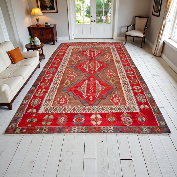 90×126 Vintage Turkish rug オールドキリム 8x14 Ft Vintage Turkish RUG Kilim Hand Woven Living Room Decor