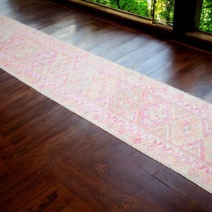 3x14 Ft Runner Hand Knotted Kurdish Runner Rug - Vintage Turkish Herki Tribal Runner Kitchen Island Rug PINK  actual: 31″ x 163″