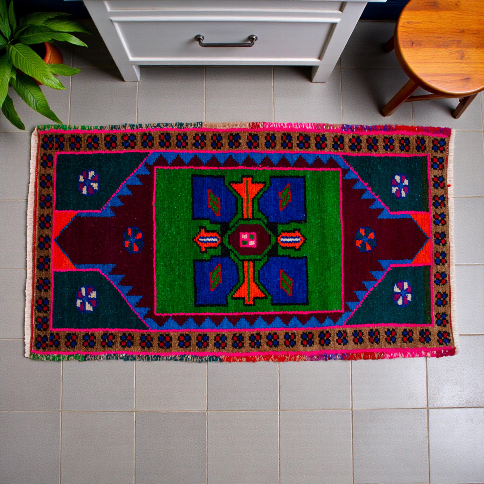 Small Turkish Rug. Hand Knotted Doormat Kitchen Decor Bath Mat