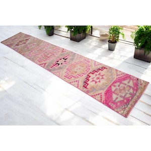 2x11 Ft Long Runner Hand Knotted Runner Rug - Vintage Turkish Rug Oushak Rug Tribal Runner Kitchen Island Rug PINK actual: 25″ x 136″