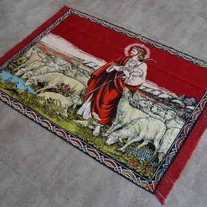 The Good Shepherd Jesus Christ Wall Rug 45″ x 65″ Vintage Tapestry 115 x 166 cm   *