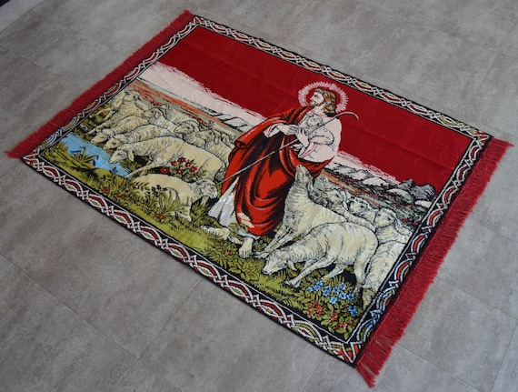 The Good Shepherd Jesus Christ Wall Rug 45″ X 65″ Vintage