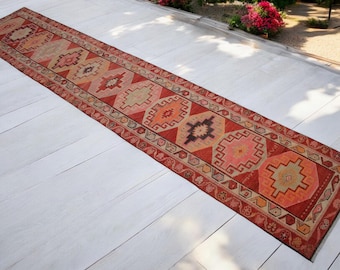3x14 Ft Runner Hand Knotted Kurdish Runner Rug - Vintage Turkish Herki Tribal COLORFUL Runner Kitchen Island Rug PINK  actual: 31″ x 164″