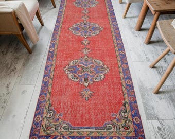 Turkish Runner Rug | Hand-Knotted Low Pile Oushak Style | 3'3" x 12' Distressed Wool Hallway Runner