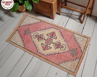 2 x 3 vintage Turks tapijt handgeknoopt wol kleine loper ROZE vloerkleed deurmat keukendecor