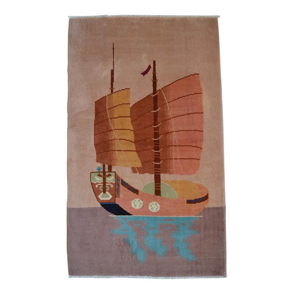 Hand Knotted Rug, Nautical Rug, Vintage Rug, Old Sailboat Pattern Rug, 2 x 4 Rug sku: BS5908