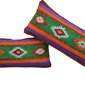 A PAIR 12&#39;&#39; x 28&#39;&#39; Lumbar pillow Turkish Kilim Rug Cushion Pillow, Turkish rug pillowcase bedtick, pillow cover pillow cushion cover