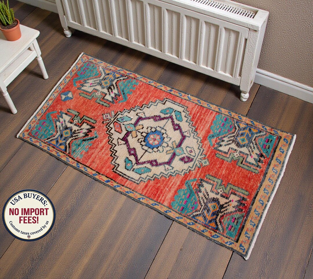 Turkish Rug Small Vintage Small Turkish Rug 2x3 Hand-knotted Organic Wool Rug Orange Blue ...