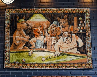 Grande tapisserie vintage à franges « Chiens jouant au billard