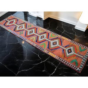 3x11 Ft Runner Hand Knotted Kurdish Runner Rug - Vintage Turkish Herki Tribal COLORFUL Runner Kitchen Island Rug PINK  actual: 32″ x 137″