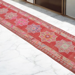 3x14 Ft Runner Hand Knotted Kurdish Runner Rug - Vintage Turkish Herki Tribal Narrow Runner Kitchen Island Rug PINK  actual: 35″ x 163″