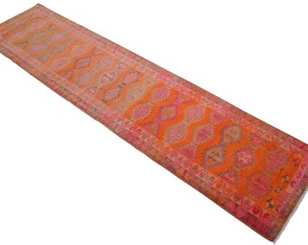 Vintage  Wool Runner Turkish Rug: Hand-Knotted Anatolian Tribal Design 3x12 ft approx