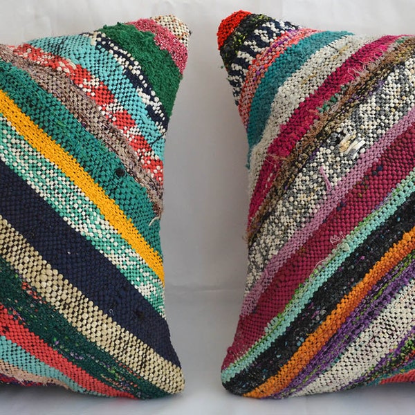 a Pair Pillow Kilim Rug Cushion Pillow With FREE Pillow 16"x16" Turkish Pillow Ragrug sham kilim rug pillow case pillow cushion SKU: PC5316