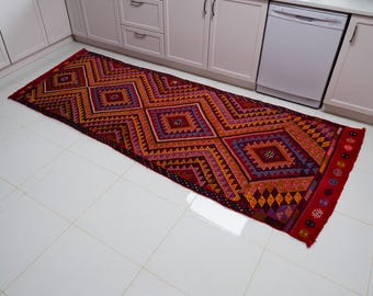 Turkish Handwoven Runner Rug Kilim Antique Hand Woven Wool Jajim embroidered Rug 2.6x8.2 ft