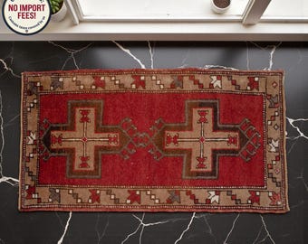 Tapete turco vintage 2x3, feito à mão em lã, pequeno, para entrada, decoração de cozinha, cores terrosas.