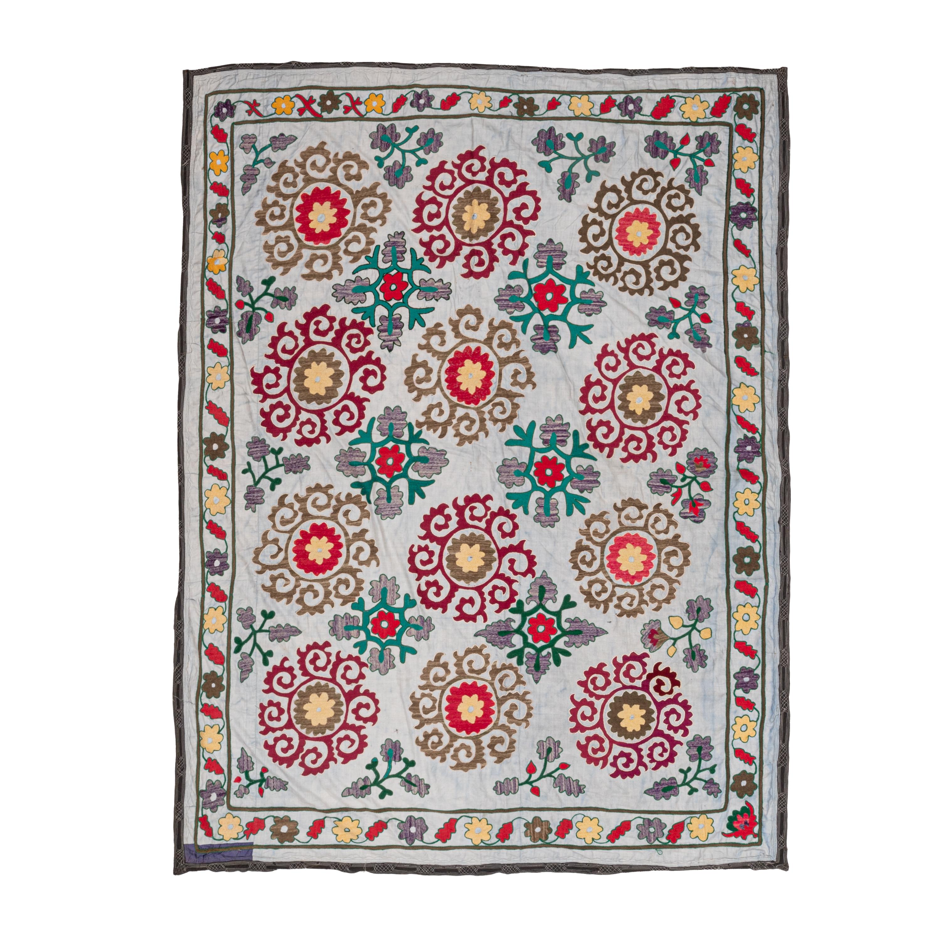 ウズベキスタン　スザーニ　ナボイ オールド Vintage Light Blue SUZANI From Uzbekistan, Central Asia 216x