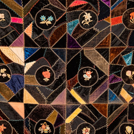 アンティーク クレイジー キルト、素晴らしい幾何学模様と刺繍