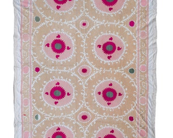 Large Vintage Neutral Samarkand Suzani with pink 244 x 361 cm / 96 x 142  inches