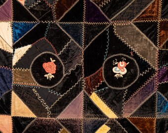 アンティーク クレイジー キルト、素晴らしい幾何学模様と刺繍
