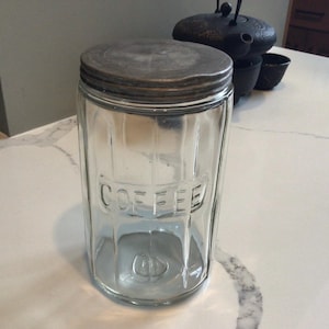 Antique Hoosier Cabinet Clear Glass COFFEE Jar with Tin Lid