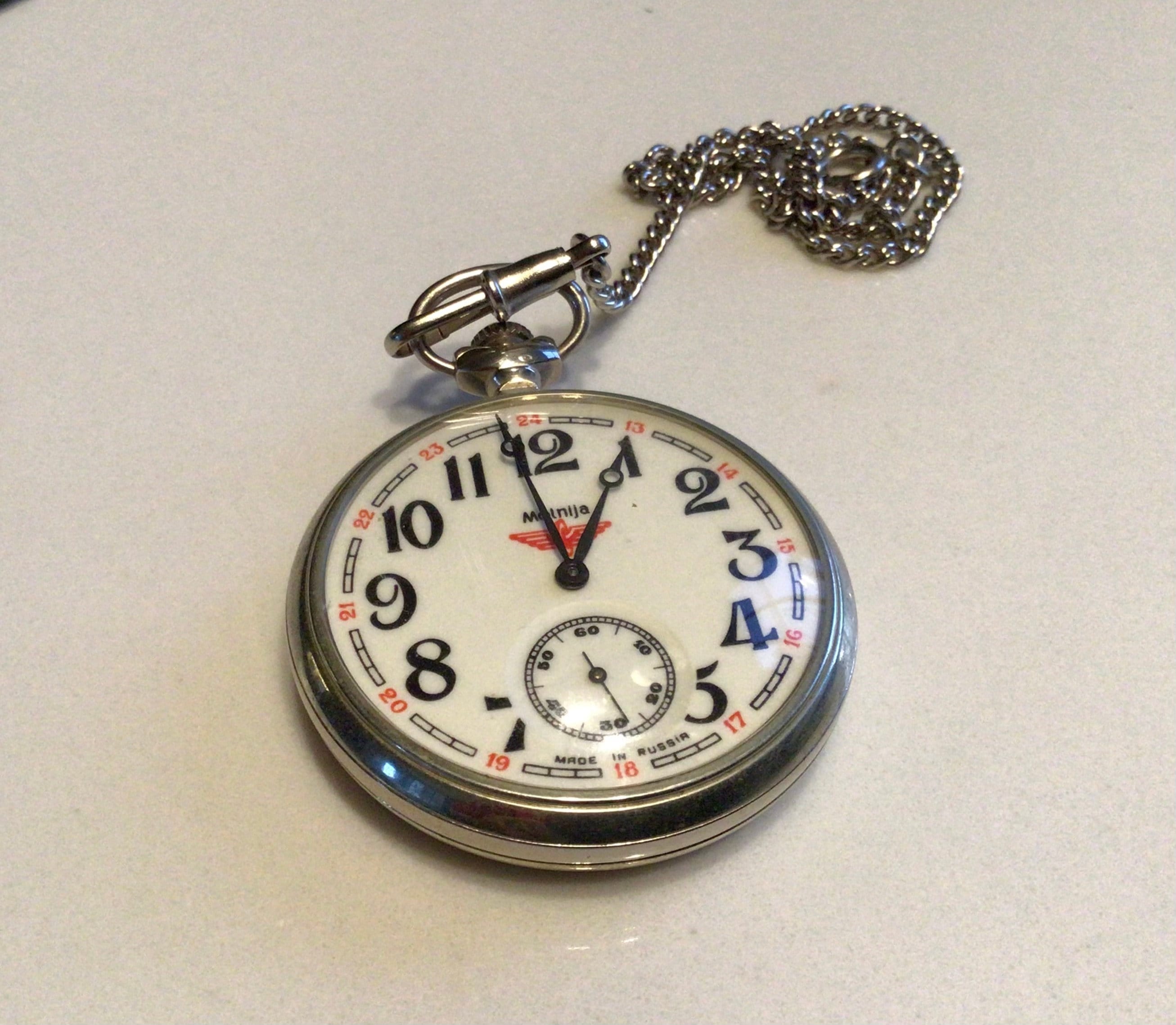 Vintage Molnija Russia USSR Pocket Watch Locomotive Back 18 Jewels