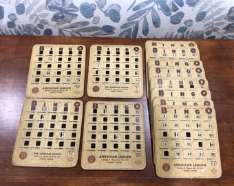 One Dozen (12) Vintage Numbered PLA-MOR Bingo King Bingo Cards Shutter Stitched Boards  -113