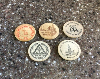 Five (5) Vintage Advertising Wooden Nickel/Tokens