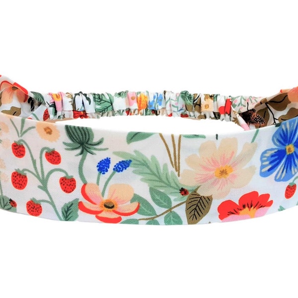 Narrow Rifle Paper Co  Headband for Women & Teens, Retro Narrow Hair Band with Elastic Back, Ivory Strawberry Fields Collection