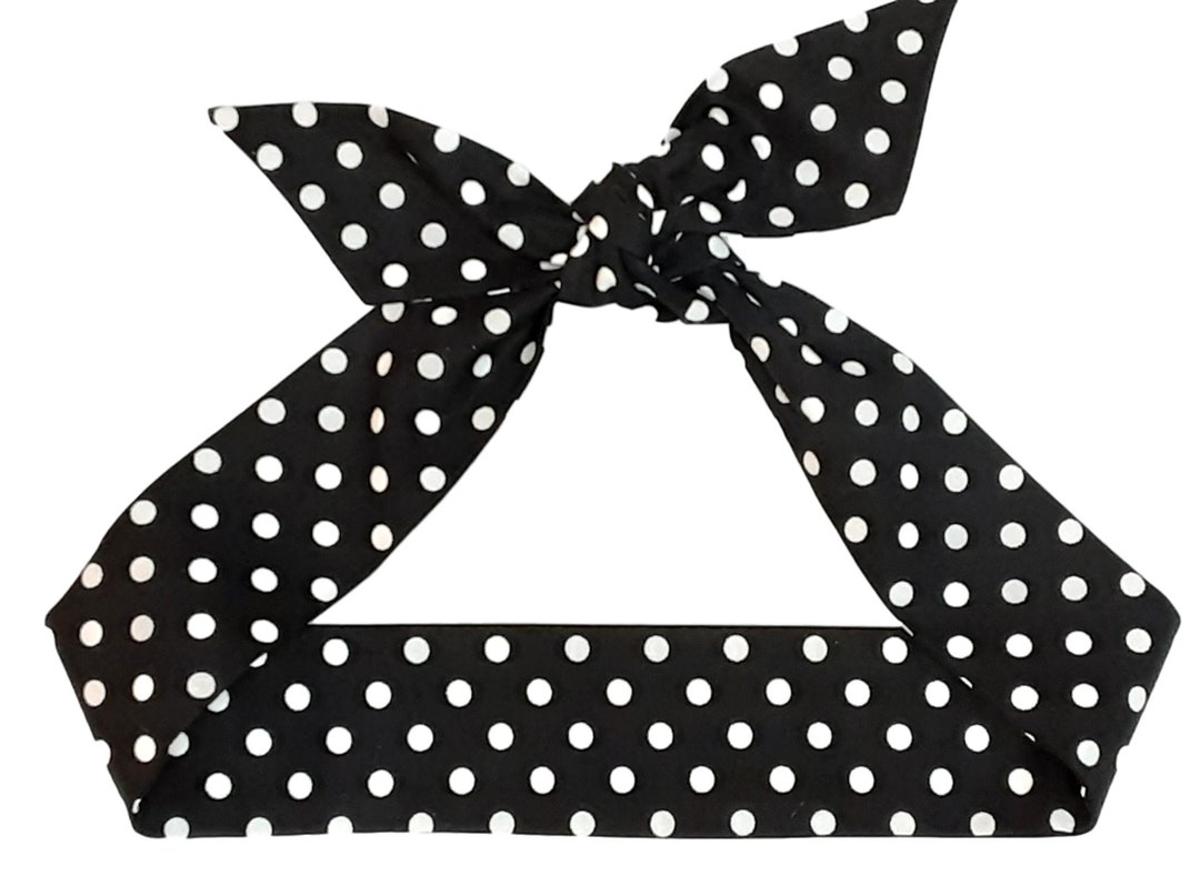 Black and White Polka Dot Tie Headband for Women, Ponytail Scarf, Rosie ...