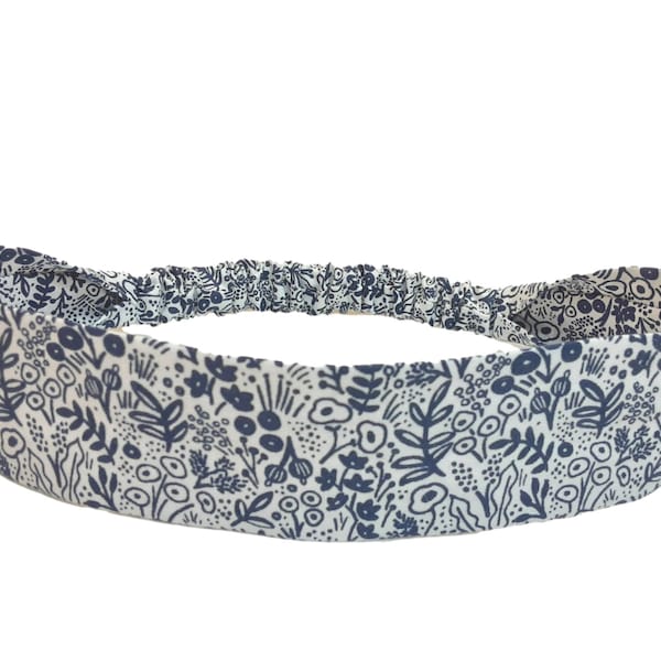 Rifle Paper Co. Narrow Headband for Women and Teens, Blue and White, Whimsical Floral Print, Soft Cotton Hair Band with Elastic Back