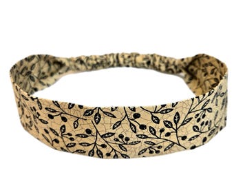 Tan and Black Narrow Headband, Skinny Hair Band for Women and Girls, Hair Band with Elastic Back, Neutral Floral, Leaf Print