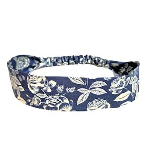Blue Narrow Headband, or Women and Teens, Rifle Paper Co Rose Print, Headband for Women, Gift for Women and Teens, Soft with Elasti