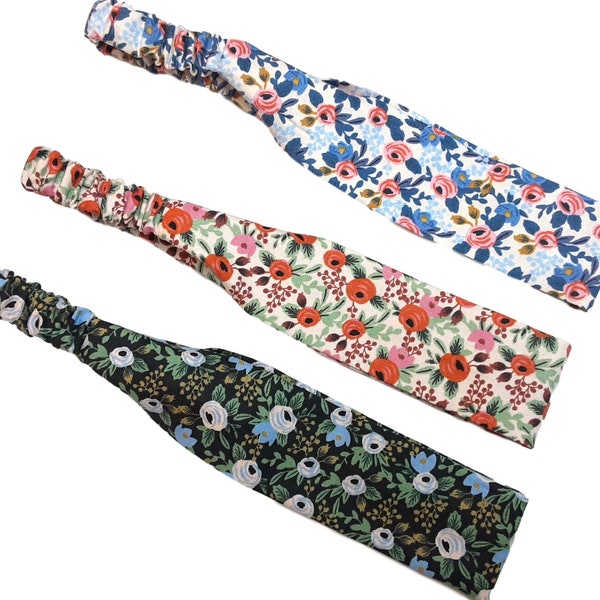 Narrow Headband for Women and Teens, Rifle Paper Co Fabric Les Fleur Rosa Headbands for Women, Gifts for Women and Teens, Soft with Elastic