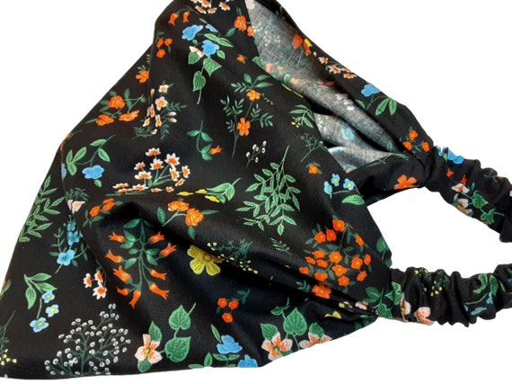 Rifle Paper Co Wide Bandana, Boho Headband, Strawberry Fields Hawthorne Black, Floral Print, Hair Loss Headscarf, Bad Hair Day Cover Up