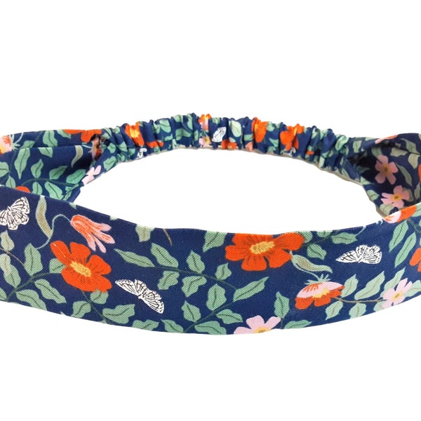 Rifle Paper Co. Skinny Headband for Women and Teens, Retro Narrow Hair Band with Elastic Back, Primrose Navy, Strawberry Fields Collection