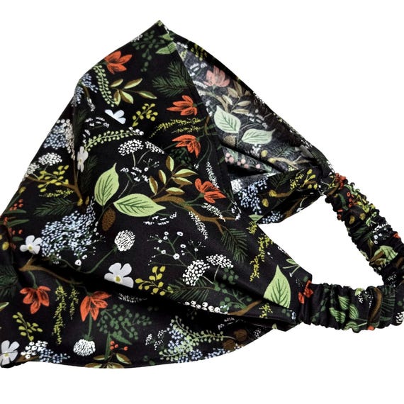 Boho Headband, Rifle Paper Co Black Floral, Wide Cotton Head Scarf, Yoga Workout, Extra Wide for Hair Loss, Chemo Headscarf, Head Covering